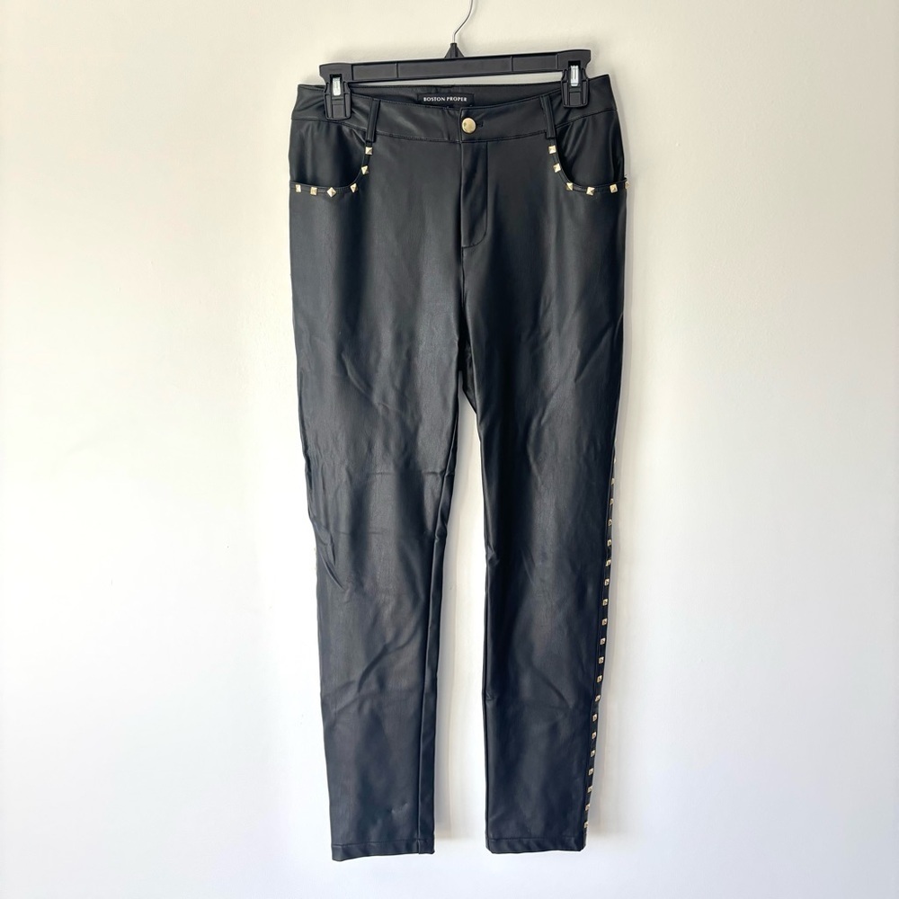 Boston Proper Black Faux Leather Pant Gold Studs High Waist Straight Leg Biker